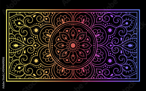 Color decorative panel with circular pattern in form of mandala with flower for decoration or print. Decorative ornament in ethnic oriental style. Rainbow design on black background.