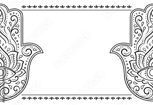 Stylized with henna tattoo decorative pattern for decorating covers book, notebook, casket, postcard and folder. Mandala, Hamsa and border in mehndi style. Frame in the eastern tradition.