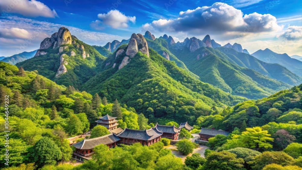 Panoramic view of mountain range dotted with lush green trees at Haeinsa Temple, Gayasan National Park Panoramic view of mountain range dotted with lush green trees at Haeinsa Temple, Gayasan National Park