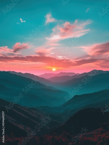 A stunning sunset over a mountain range, with pink and blue clouds in the sky.