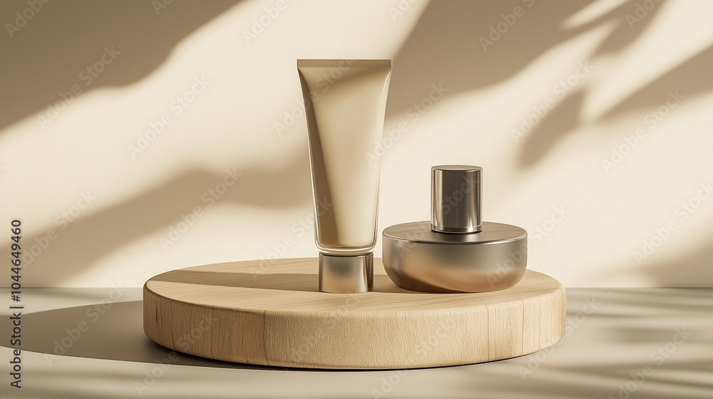 Skincare items mockups on wooden display, minimalist design for beauty advertisements, marketing for skincare essentials Skincare items mockups on wooden display, minimalist design for beauty advertisements, marketing for skincare essentials