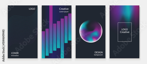 Modern gradient poster background vector set. Minimalist style cover template with vibrant perspective 3d geometric prism shapes collection. Ideal design for social media, cover, banner, flyer.