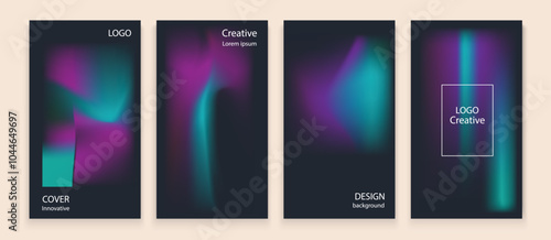 Modern gradient poster background vector set. Minimalist style cover template with vibrant perspective 3d geometric prism shapes collection. Ideal design for social media, cover, banner, flyer.