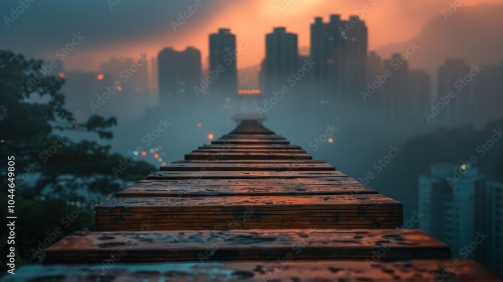 Obraz premium Misty urban skyline at dusk with wooden pathway leading into foggy cityscape.