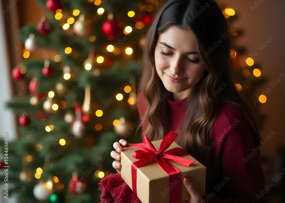 A woman holds a gift near a decorated Christmas tree. A woman holds a gift near a decorated Christmas tree.