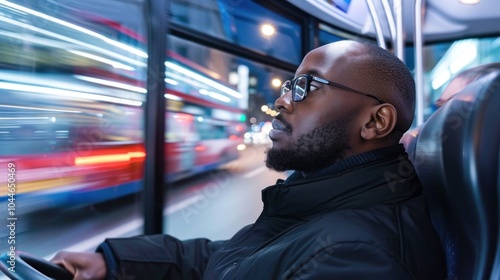 Man on bus at night with city lights blurred in motion through window.