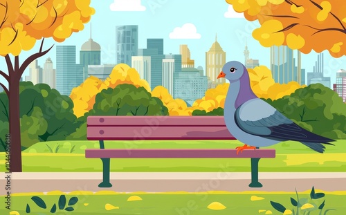 In a tranquil urban setting, a colorful pigeon rests peacefully on a park bench surrounded by lush greenery and soft sunlight photo