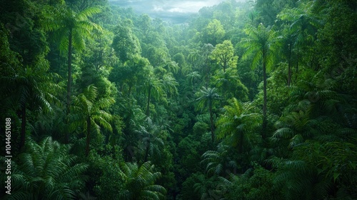 Lush green rainforest canopy, vibrant foliage and tranquility.