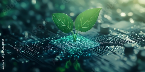 Little green sprout with fresh leaves on a high technology microchip hardware, technological modern design of computer science combined with environment and ESG concepts