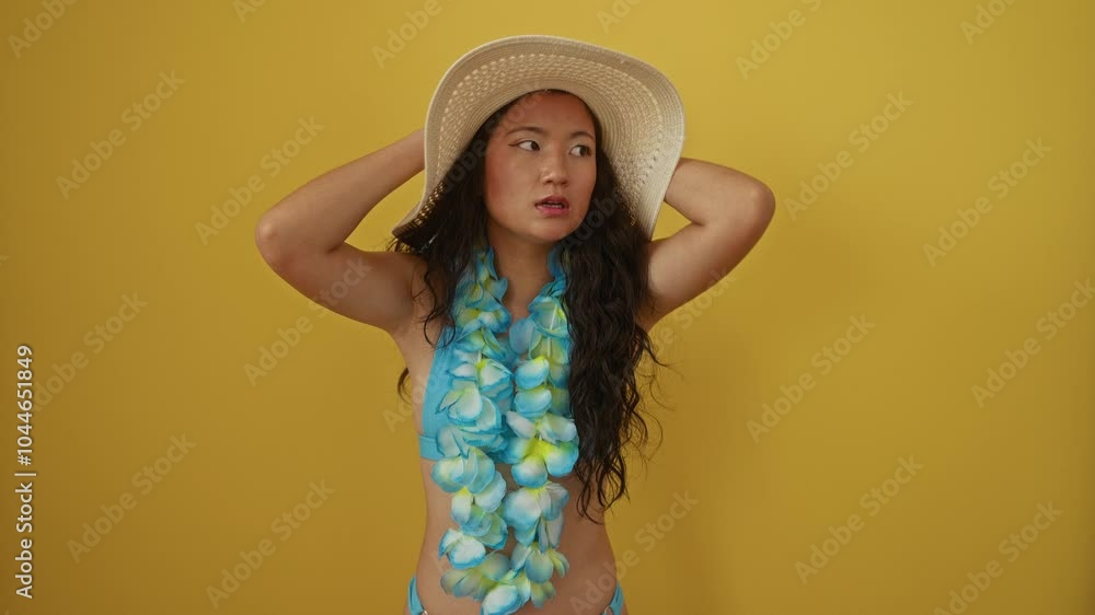 Young chinese woman in summer hat and hawaiian lei suffering from headache and stress, experiencing pain and migraine, hands on head, isolated over yellow background Young chinese woman in summer hat and hawaiian lei suffering from headache and stress, experiencing pain and migraine, hands on head, isolated over yellow background