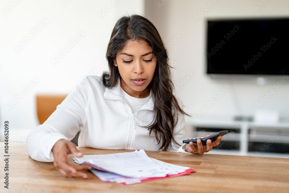 Focused young woman managing household finances using a calculator in a cozy living room during daytime Focused young woman managing household finances using a calculator in a cozy living room during daytime