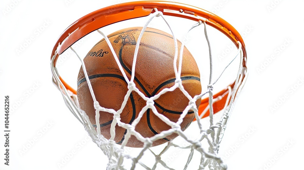 A basketball swishes through the net of a hoop, all against a clean white backdrop. A basketball swishes through the net of a hoop, all against a clean white backdrop.