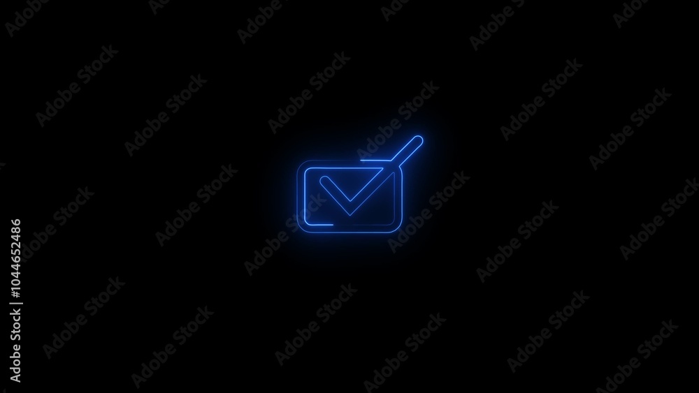 Glowing neon check mark icon inside rectangle.
Glowing neon check mark icon inside rectangle.