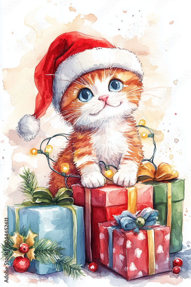 Kitten in Santa hat sitting on Christmas presents Kitten in Santa hat sitting on Christmas presents