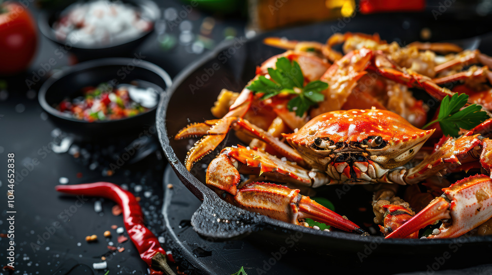 Deliciously cooked crab garnished with fresh herbs, served in cast iron skillet, surrounded by vibrant spices and ingredients, creating appetizing culinary scene Deliciously cooked crab garnished with fresh herbs, served in cast iron skillet, surrounded by vibrant spices and ingredients, creating appetizing culinary scene