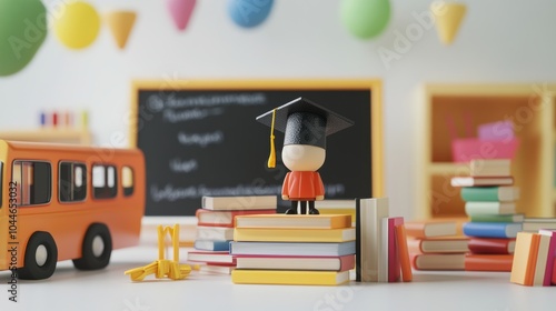 A joyful graduate stands proudly atop a stack of books in a vibrant classroom filled with playful decorations and a school bus toy nearby. Generative AI