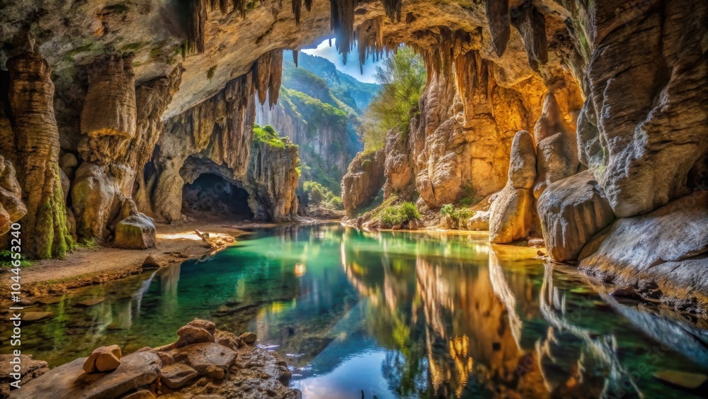 Fototapeta premium Abandoned underground cave in Slovenia with intricate rock formations , cave, underground, rock, Slovenia, ancient, WWII