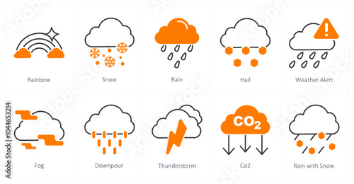 A set of 10 weather icons as rainbow, snow, rain