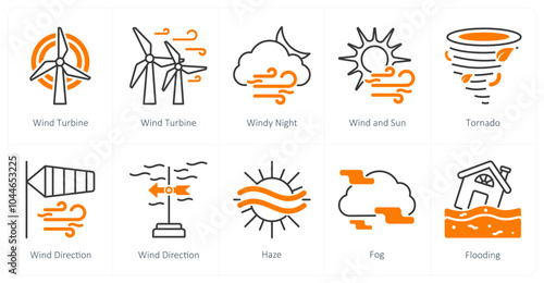 A set of 10 weather icons as wind turbine, windy night, wind and sun