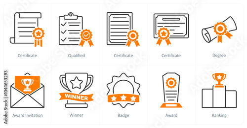 A set of 10 award icons as certificate, qualified, degree