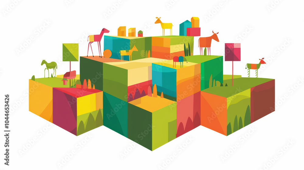 Fototapeta premium Colorful geometric shapes create vibrant landscape featuring various animals like horses and cows, set against backdrop of stylized trees and buildings, evoking playful and cheerful atmosphere