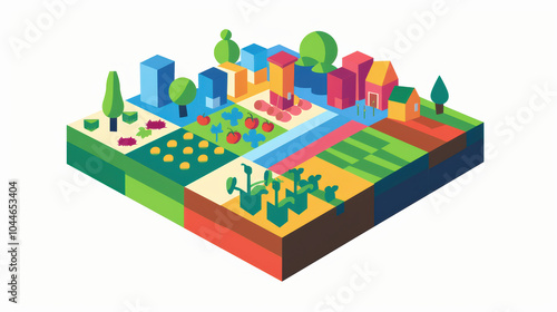 vibrant and colorful illustration of stylized farm landscape featuring geometric shapes representing houses, trees, and various crops. design showcases harmonious blend of nature and agriculture,