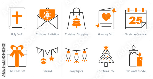A set of 10 christmas icons as holy book, christmas invitation, christmas shopping