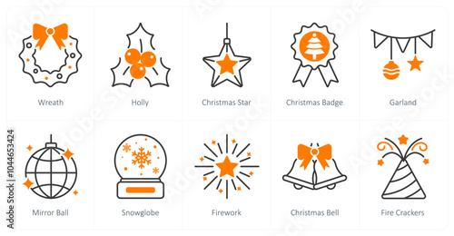 A set of 10 christmas icons as wreath, holly, christmas star