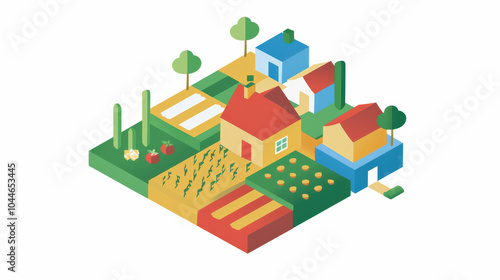 colorful isometric illustration of small farm featuring houses, crops, and trees, showcasing vibrant rural landscape. design highlights various agricultural elements and structures