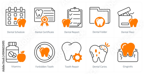 A set of 10 dental care icons as dental schedule, dental certificate, dental report