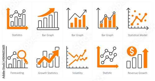 A set of 10 diagram icons as statistics, bar graph, statistical model
