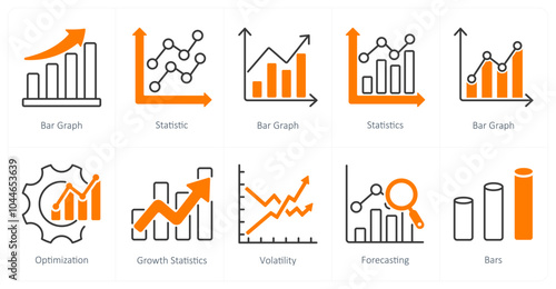A set of 10 diagram icons as bar graph, statistic, bar graph