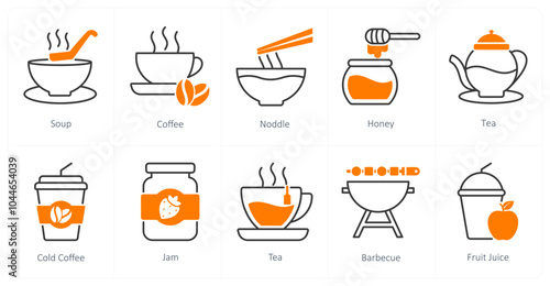 A set of 10 food and drink icons as soup, coffee, noodle