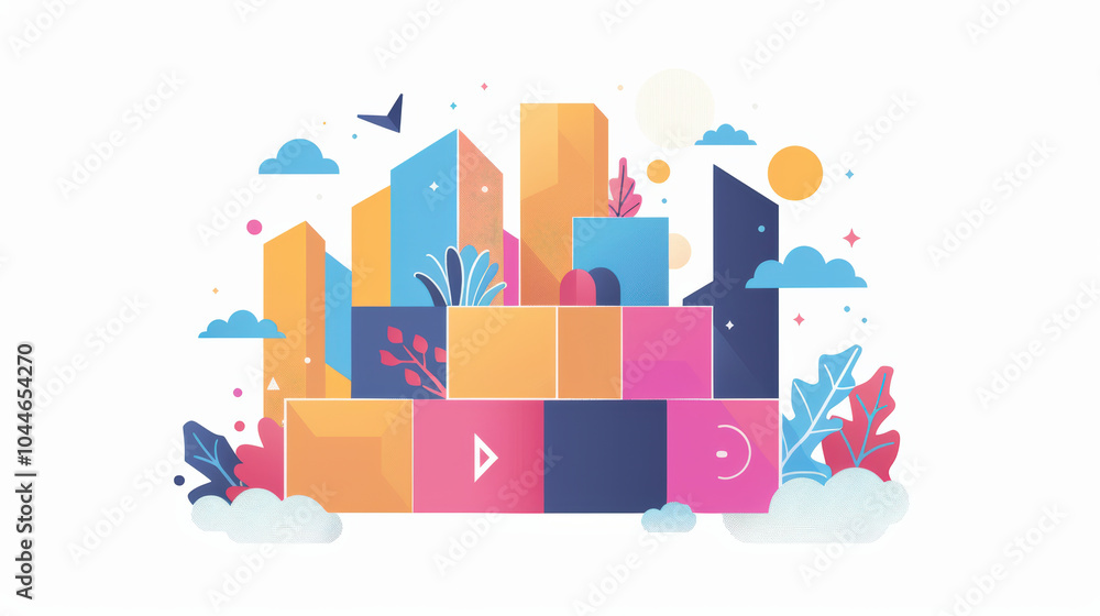 Colorful geometric shapes and abstract elements create vibrant and playful scene, featuring buildings, plants, and clouds, evoking sense of creativity and imagination Colorful geometric shapes and abstract elements create vibrant and playful scene, featuring buildings, plants, and clouds, evoking sense of creativity and imagination
