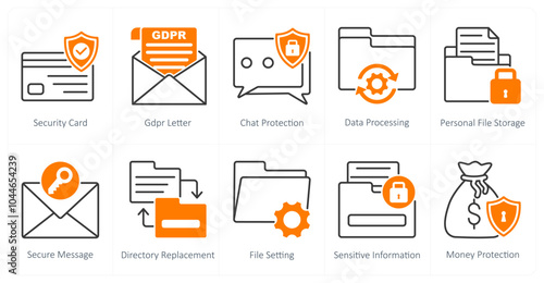 A set of 10 gdpr icons as security card, gdpr letter, chat protection