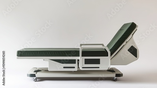 A modern hospital bed, painted green and white, is shown from the side. The bed is standing alone against a plain white background.