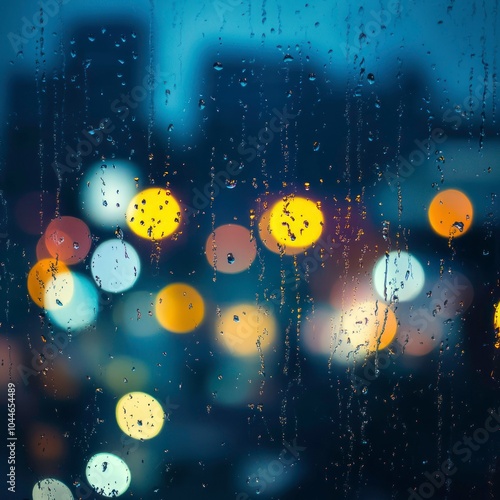 Rainy window background with blurred city lights