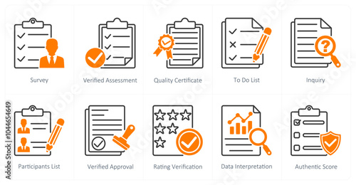 A set of 10 survey icons as survey, verified assessment, quality certificate