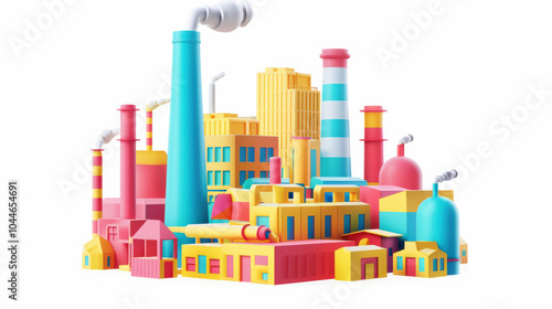 Colorful industrial cityscape with various factory buildings, smokestacks, and vibrant colors creating playful atmosphere. This illustration showcases whimsical take on urban industry