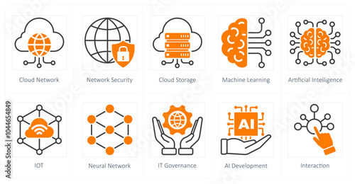 A set of 10 technology icons as cloud network, network security, cloud storage