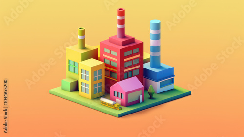 Colorful industrial buildings with smokestacks, showcasing vibrant factory scene. playful design features various shapes and sizes, creating lively urban landscape