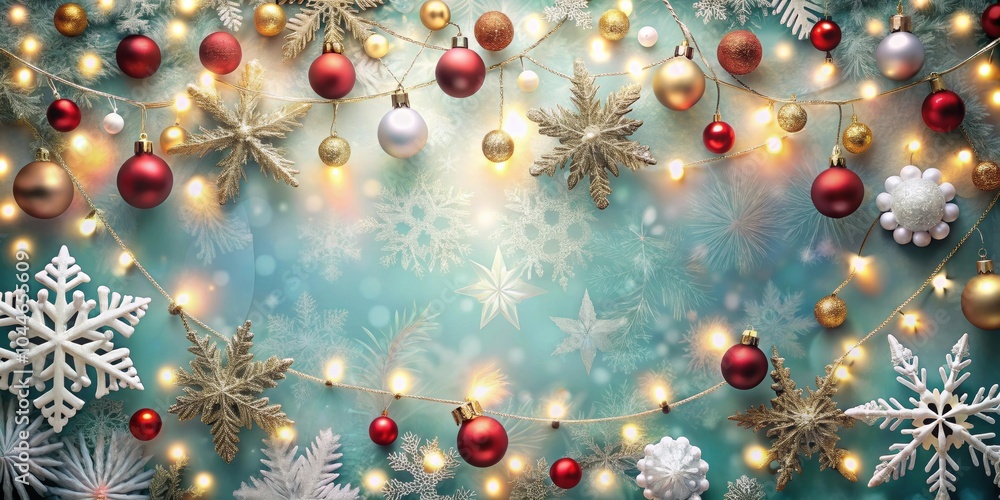 Fototapeta premium Festive holiday background card with snowflakes, ornaments, and twinkling lights, holiday, background, card