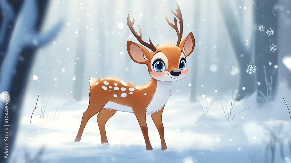 Little cartoon deer in the snow, winter weather cute beautiful stag in it with shiny eyes in cold forest Little cartoon deer in the snow, winter weather cute beautiful stag in it with shiny eyes in cold forest