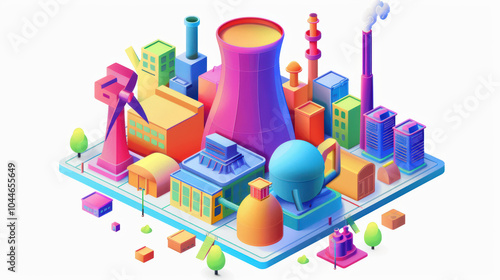 vibrant and colorful industrial cityscape featuring various buildings, including factories, cooling towers, and smokestacks, all designed in playful, geometric style