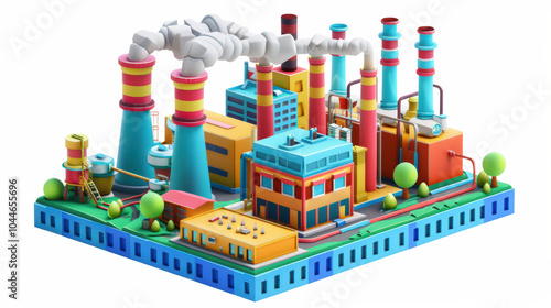colorful industrial factory model featuring smokestacks, machinery, and trees, showcasing vibrant and playful design. This representation highlights complexity of industrial environments
