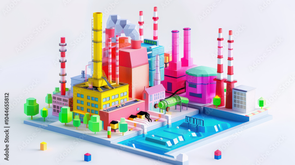 Obraz premium vibrant and colorful industrial landscape featuring various factories, smokestacks, and water body. scene is designed in playful, geometric style, showcasing modern manufacturing environment