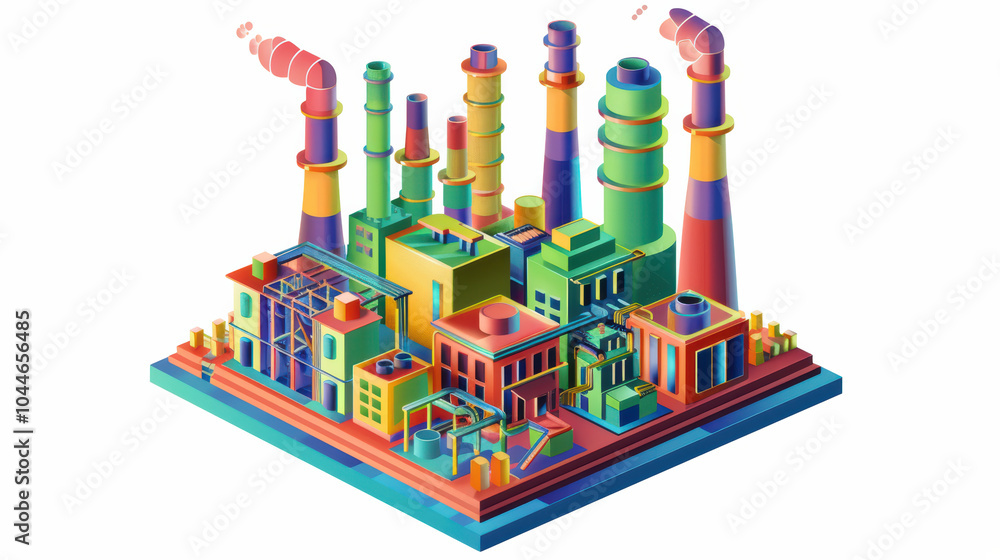 Obraz premium vibrant industrial complex featuring colorful buildings, smokestacks, and various structures, showcasing modern factory environment. lively colors and geometric shapes create engaging visual