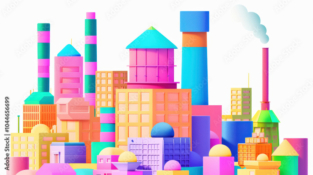 Fototapeta premium Colorful geometric buildings create vibrant cityscape, showcasing playful blend of shapes and colors. This imaginative urban scene evokes sense of creativity and joy