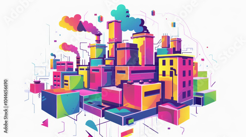 Vibrant industrial cityscape with colorful buildings and smokestacks, showcasing modern and abstract design. lively colors create energetic atmosphere