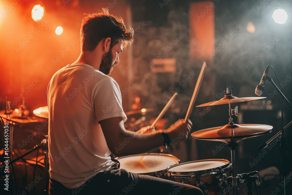 A man is playing drums in a dark room with a red light in the background A man is playing drums in a dark room with a red light in the background